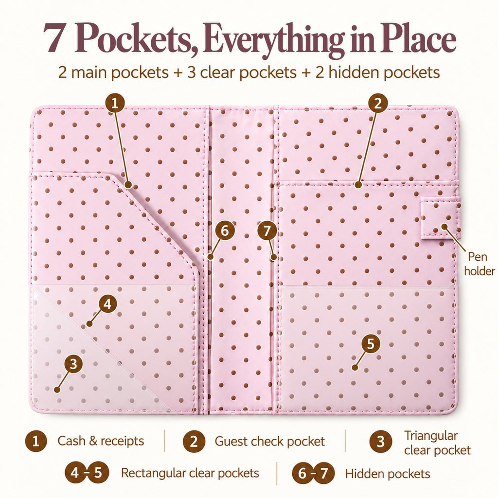Mymazn Pink Polka Dot Classic Server Book — seven storage pockets and separate exterior pen holder
