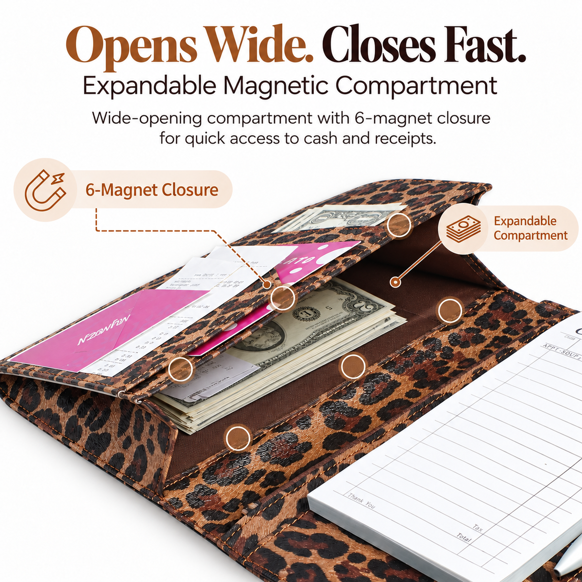 Mymazn Dark Leopard Expandable Server Book — expandable magnetic compartment