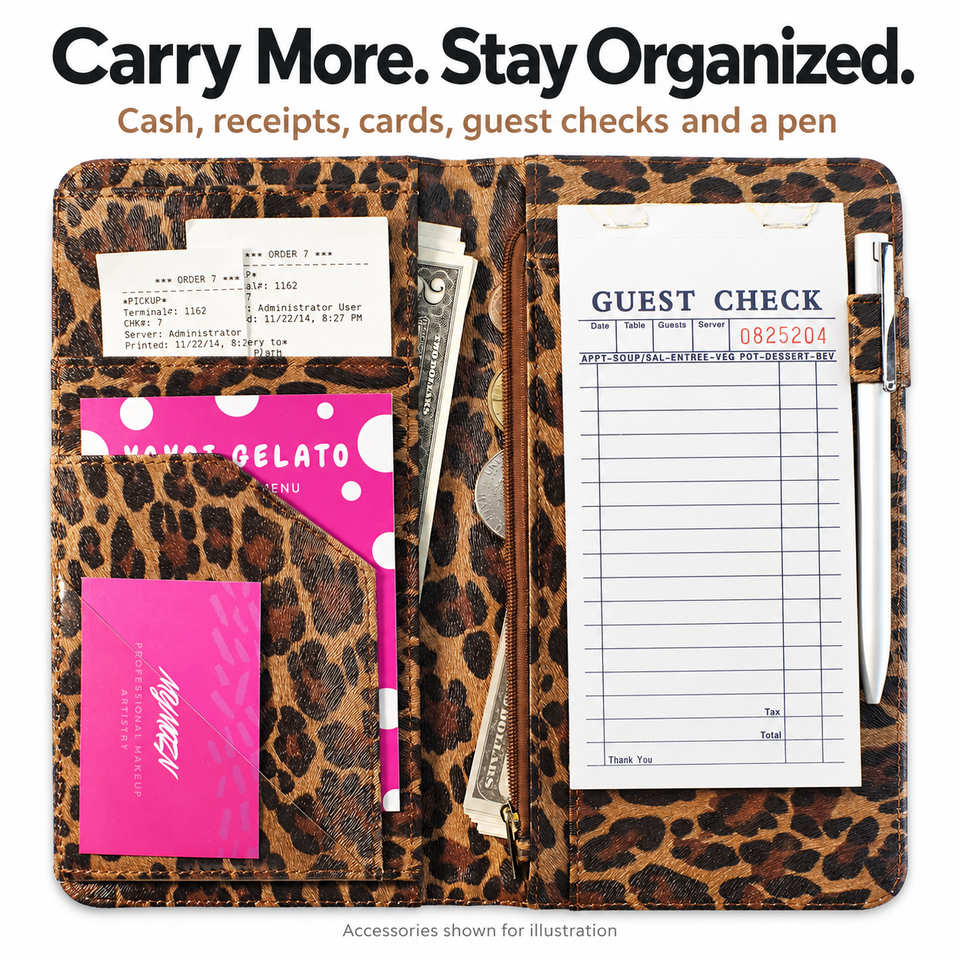 Mymazn Dark Leopard Expandable Server Book — loaded organization example