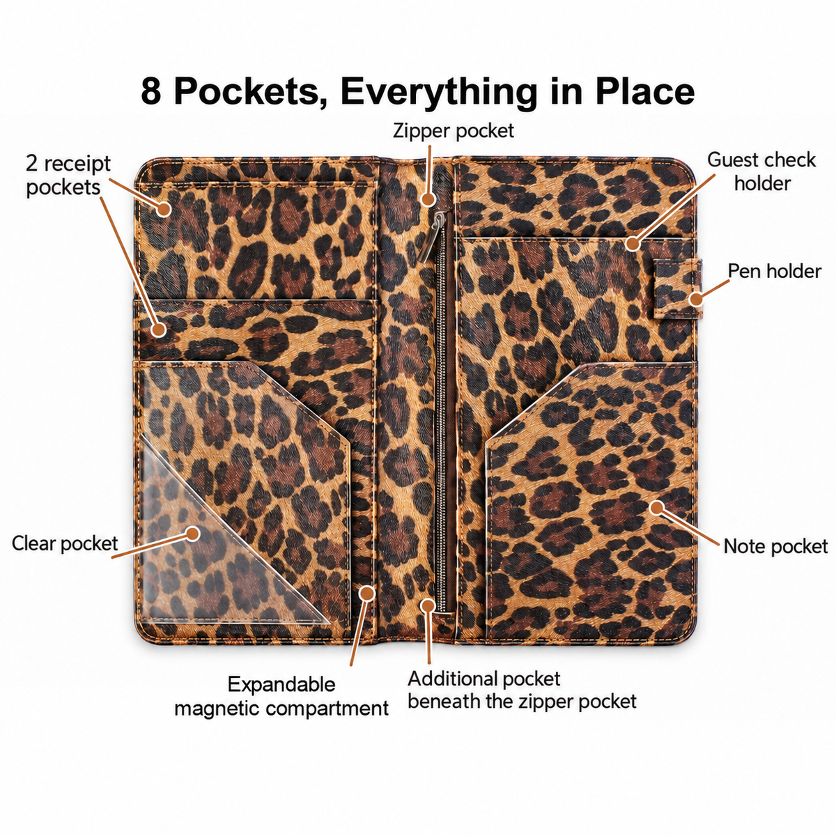 Mymazn Dark Leopard Expandable Server Book — eight storage areas and separate pen holder