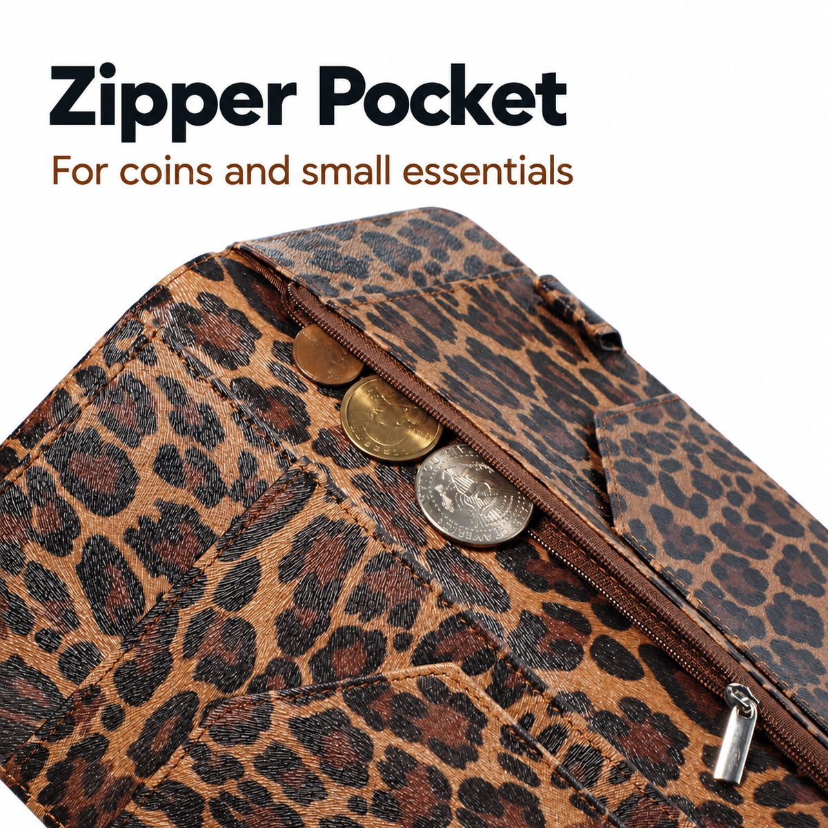 Mymazn Dark Leopard Expandable Server Book — zipper pocket for coins