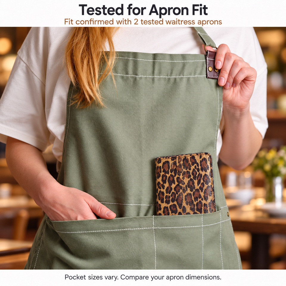 Mymazn Dark Leopard Expandable Server Book — apron fit example