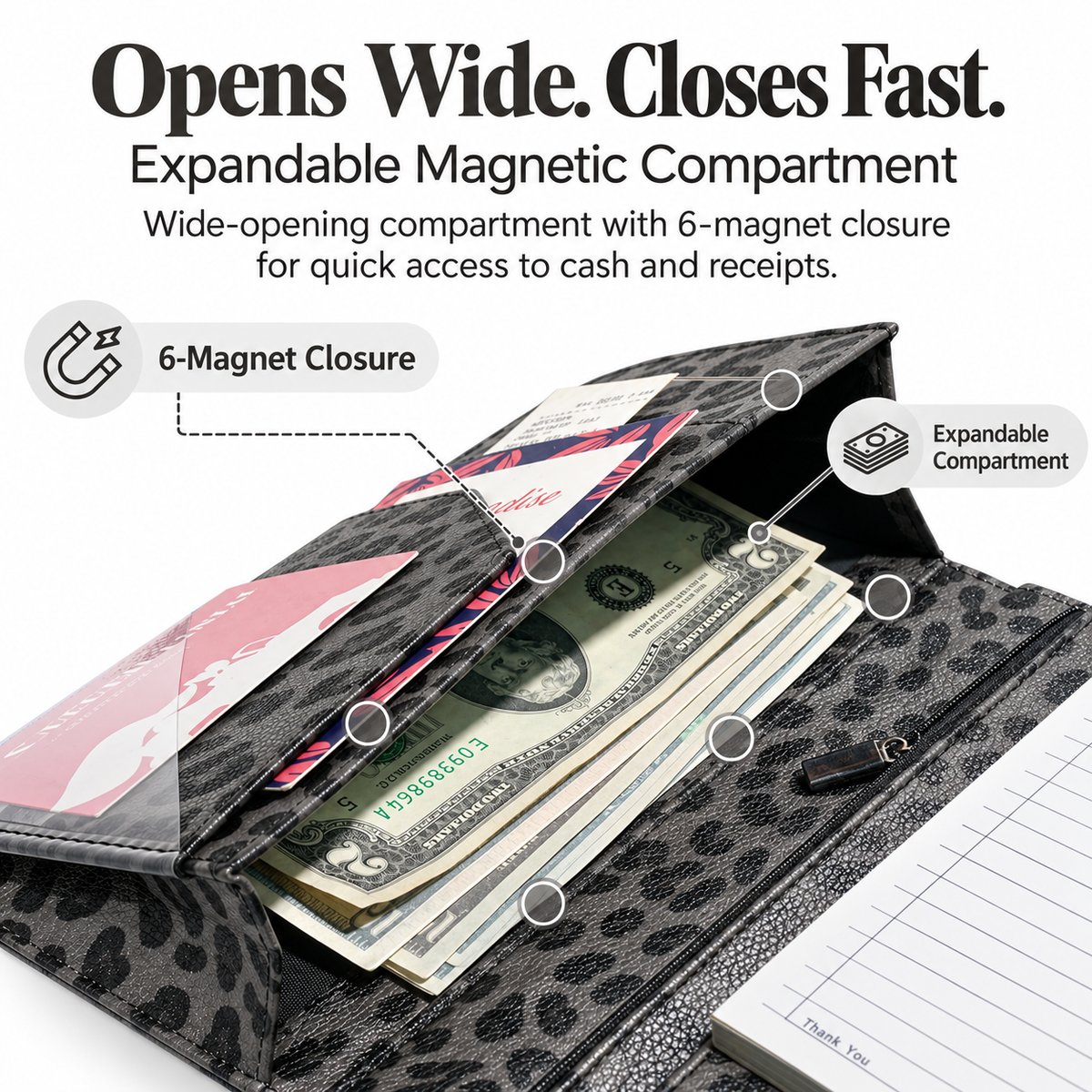 Mymazn Gray Leopard Expandable Server Book — expandable magnetic compartment