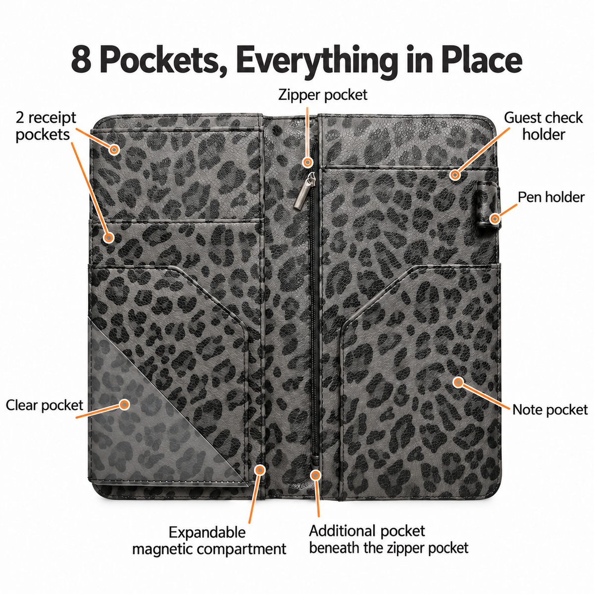 Mymazn Gray Leopard Expandable Server Book — eight storage areas and separate pen holder