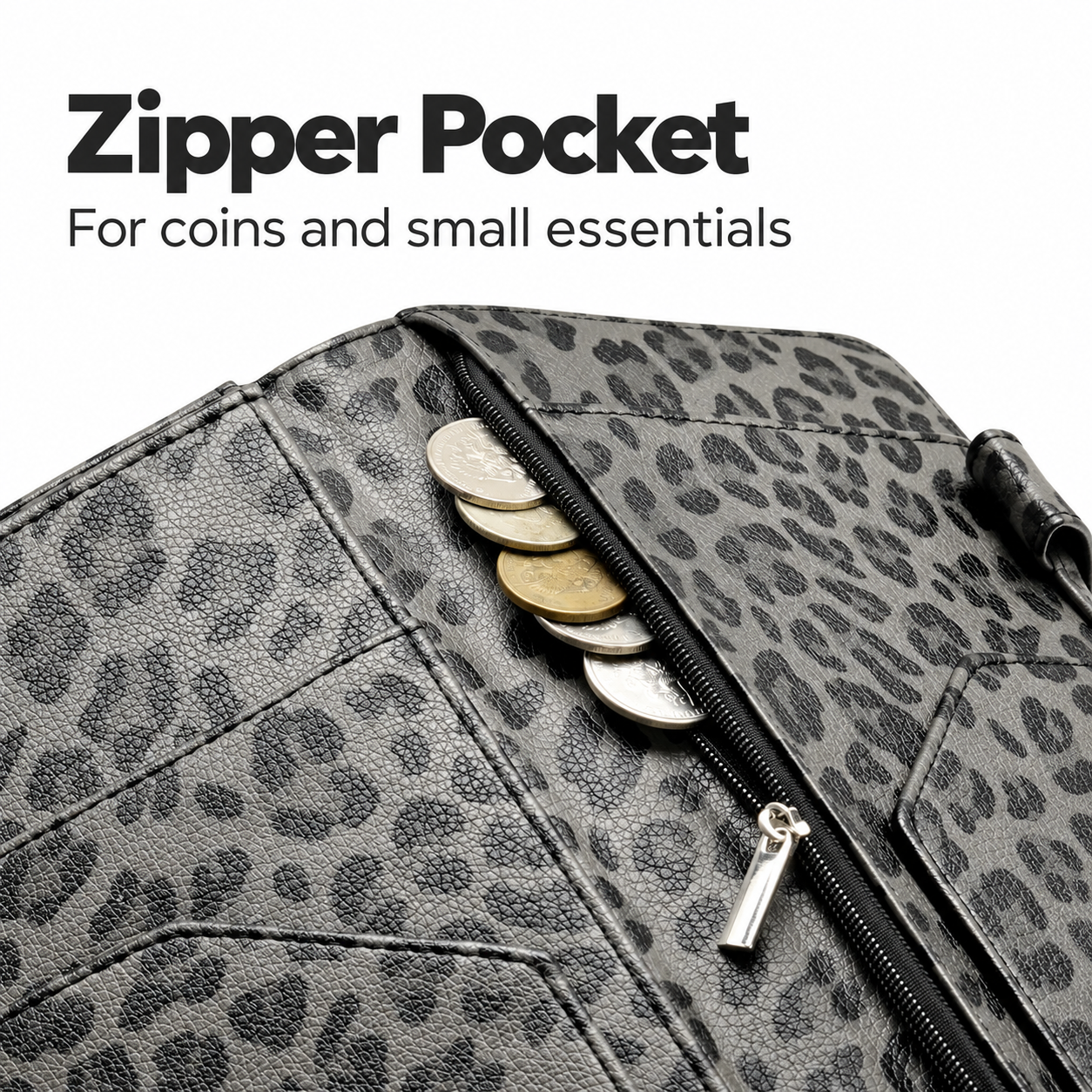 Gray Leopard faux leather surface and seam detail