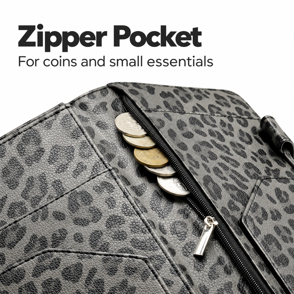 Mymazn Gray Leopard Expandable Server Book — zipper pocket for coins