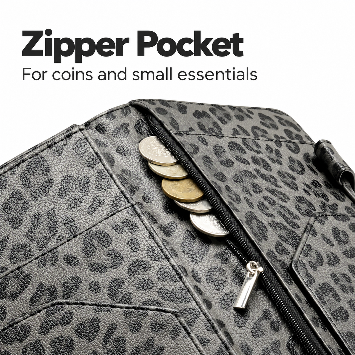 Mymazn Gray Leopard Expandable Server Book — zipper pocket for coins