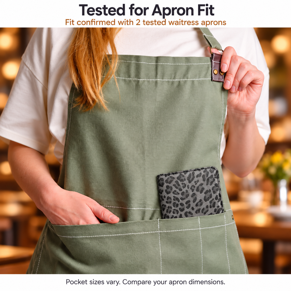 Mymazn Gray Leopard Expandable Server Book — apron fit example