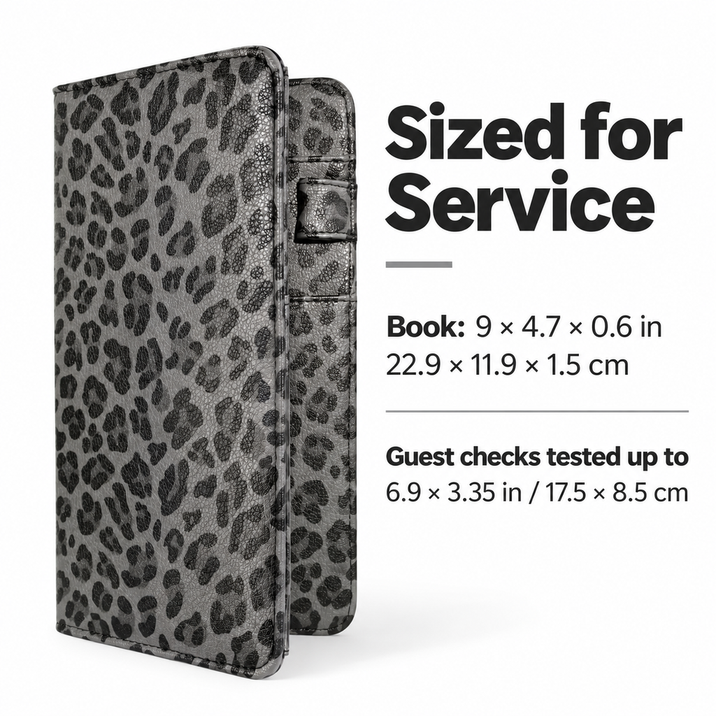 Mymazn Gray Leopard Expandable Server Book — size and tested guest check fit