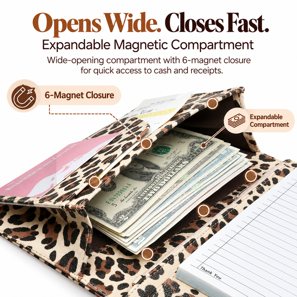 Mymazn Light Brown Leopard Expandable Server Book — expandable magnetic compartment