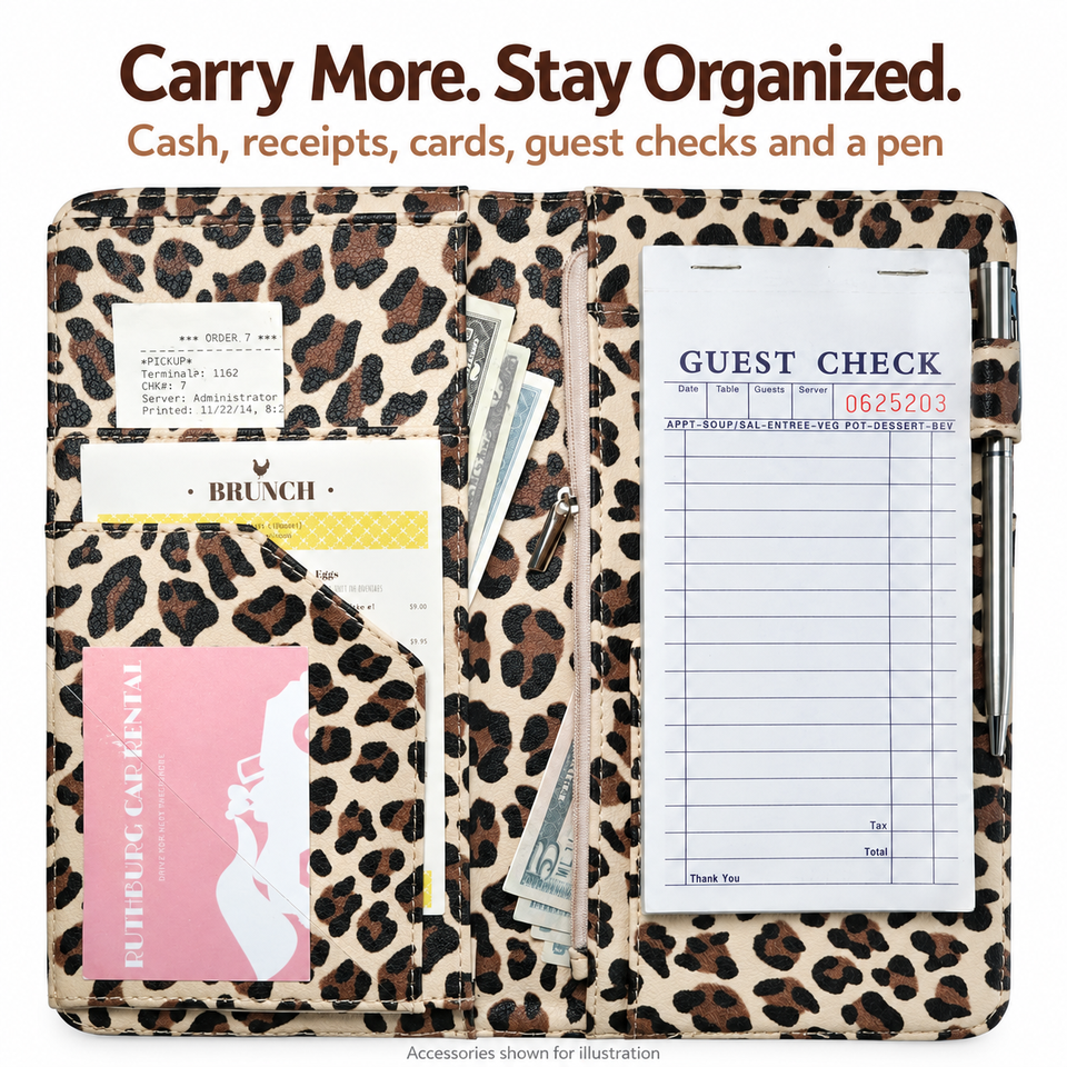 Mymazn Light Brown Leopard Expandable Server Book — loaded organization example