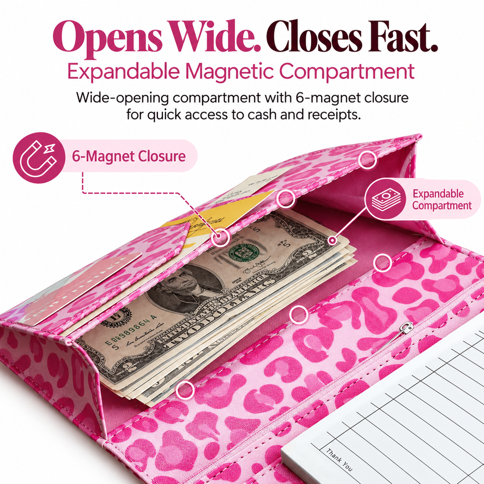 Mymazn Pink Leopard Expandable Server Book — expandable magnetic compartment