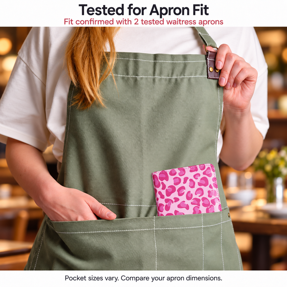 Mymazn Pink Leopard Expandable Server Book — apron fit example