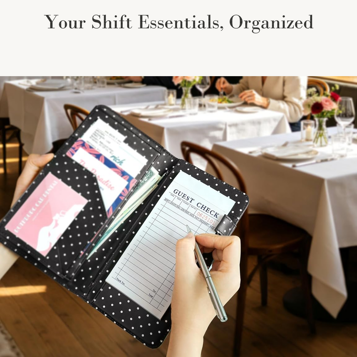 Mymazn Black & White Polka Dots Expandable Server Book — organized shift essentials