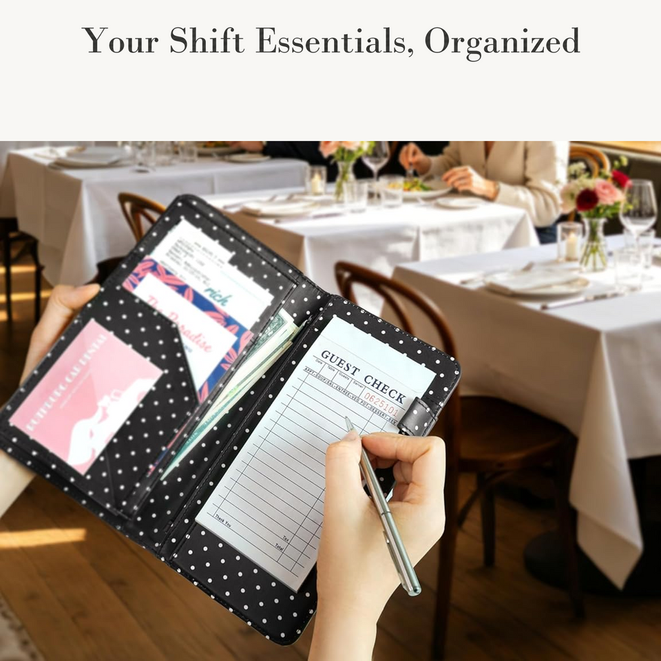 Mymazn Black & White Polka Dots Expandable Server Book — organized shift essentials
