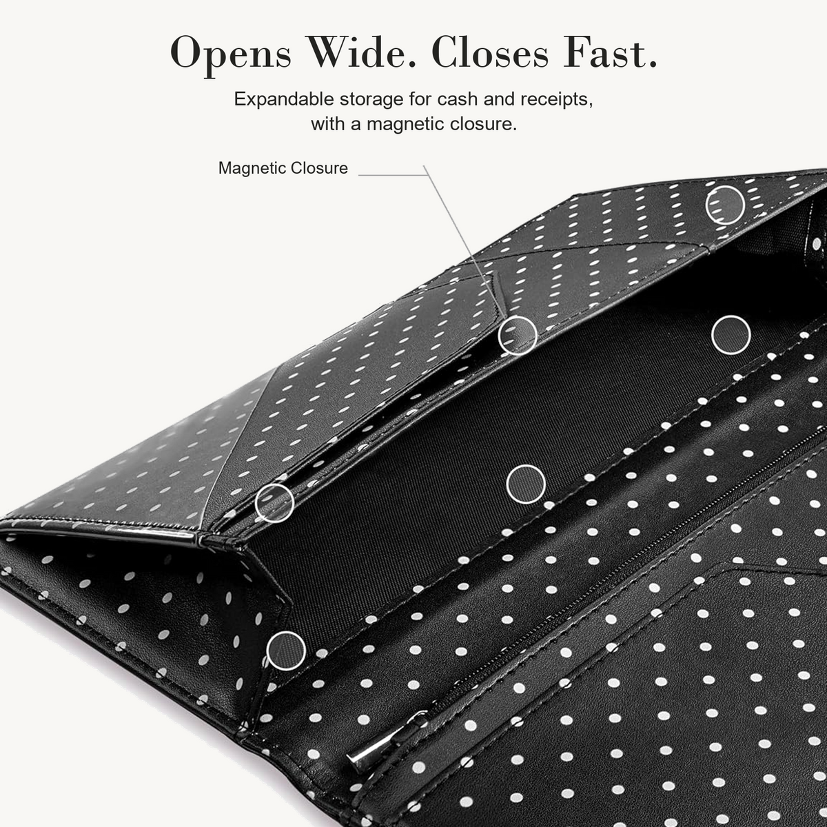 Mymazn Black & White Polka Dots Expandable Server Book — wide-opening magnetic compartment