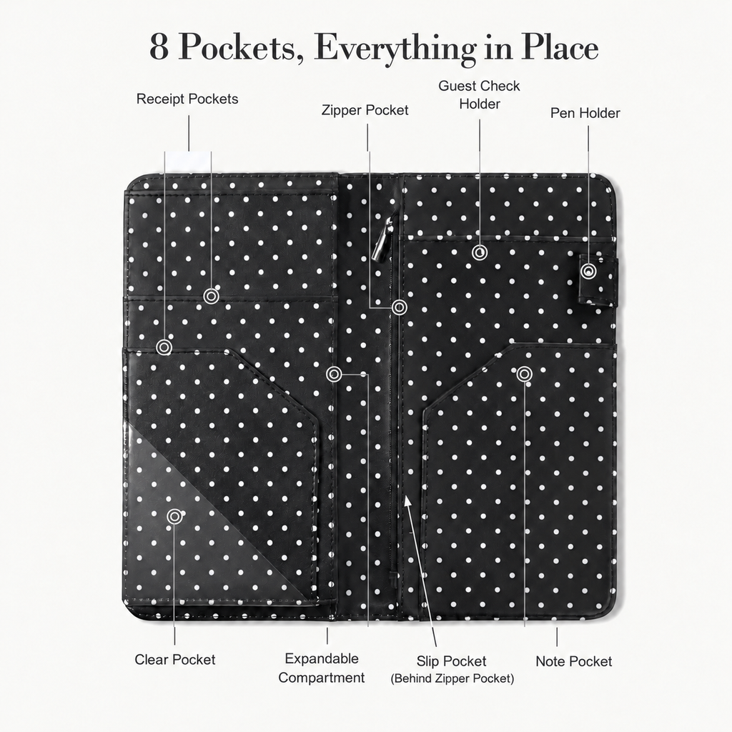 Mymazn Black & White Polka Dots Expandable Server Book — storage layout and pen holder
