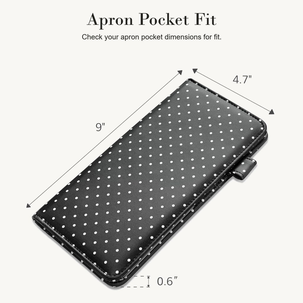 Mymazn Black & White Polka Dots Expandable Server Book — 9 x 4.7 inch dimensions and apron pocket fit