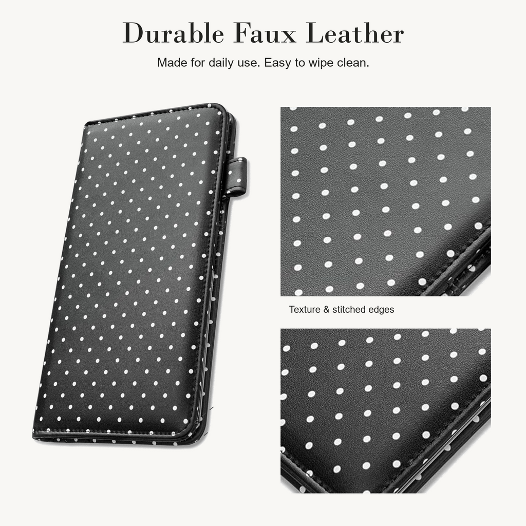 Mymazn Black & White Polka Dots Expandable Server Book — faux leather and wipe-clean care