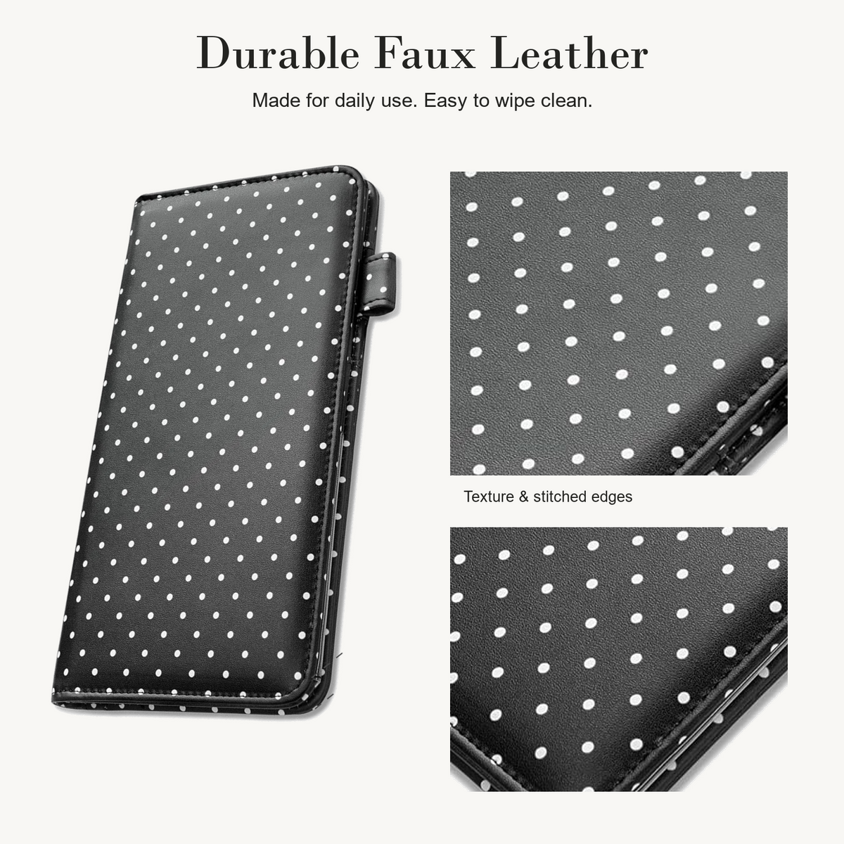 Mymazn Black & White Polka Dots Expandable Server Book — faux leather and wipe-clean care