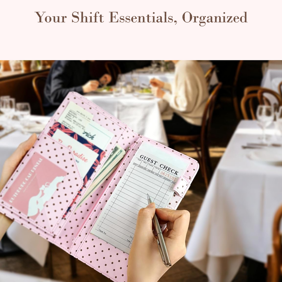 Mymazn Pink & Coffee Polka Dots Expandable Server Book — organized shift essentials