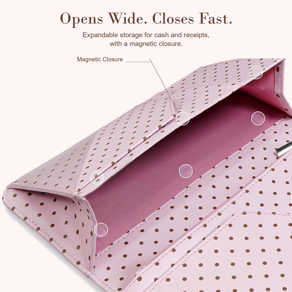 Mymazn Pink & Coffee Polka Dots Expandable Server Book — wide-opening magnetic compartment