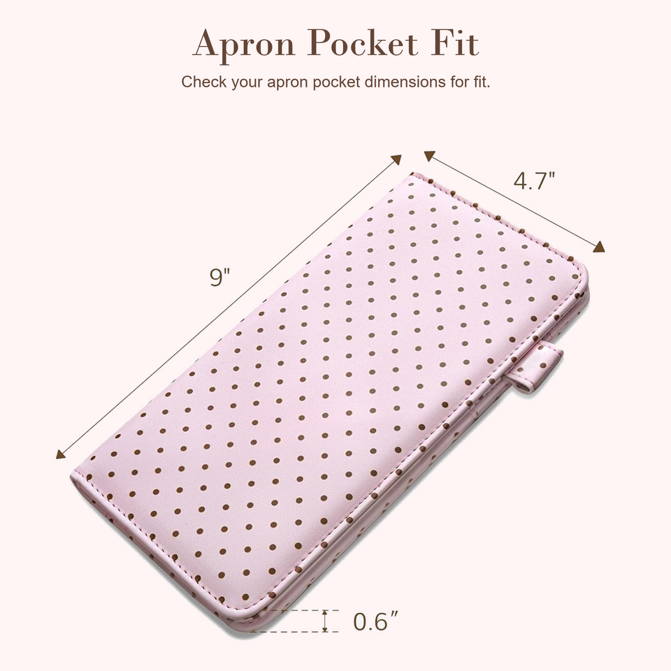 Mymazn Pink & Coffee Polka Dots Expandable Server Book — 9 x 4.7 inch dimensions and apron pocket fit