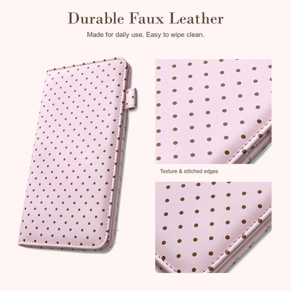 Mymazn Pink & Coffee Polka Dots Expandable Server Book — faux leather and wipe-clean care