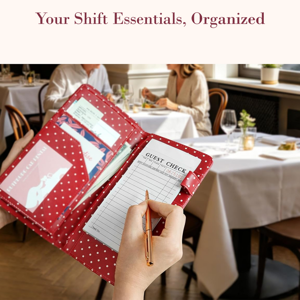 Mymazn Red & White Polka Dots Expandable Server Book — organized shift essentials