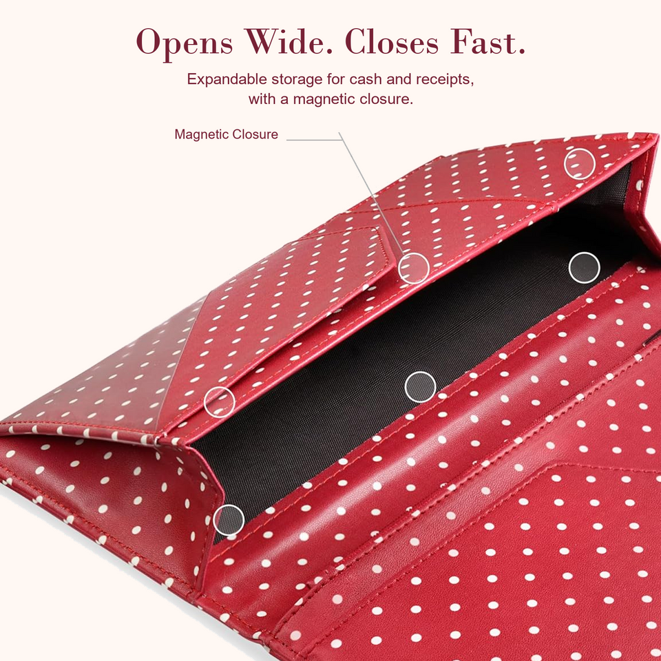 Mymazn Red & White Polka Dots Expandable Server Book — wide-opening magnetic compartment