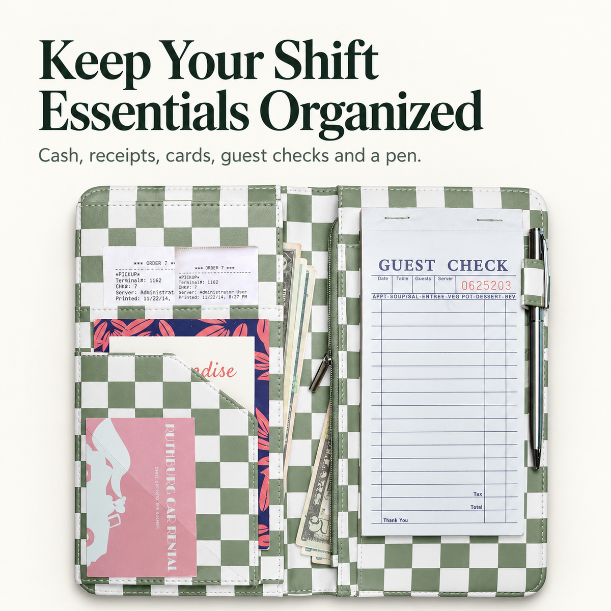 Mymazn Sage Green Checkerboard Expandable Server Book — organized cash, receipts, cards and writing essentials