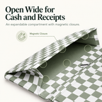 Mymazn Sage Green Checkerboard Expandable Server Book — wide-opening magnetic compartment for cash and receipts