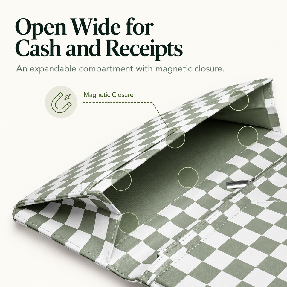 Mymazn Sage Green Checkerboard Expandable Server Book — wide-opening magnetic compartment for cash and receipts