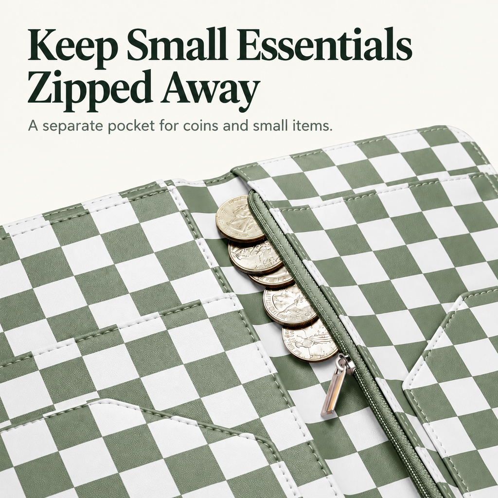 Mymazn Sage Green Checkerboard Expandable Server Book — separate zipper pocket for coins and small essentials
