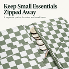 Mymazn Sage Green Checkerboard Expandable Server Book — separate zipper pocket for coins and small essentials