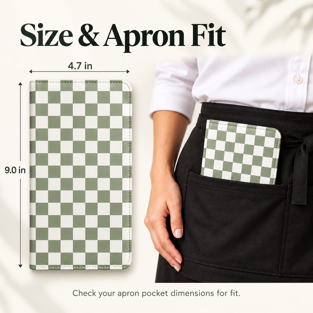 Mymazn Sage Green Checkerboard Expandable Server Book — 9 x 4.7 inch dimensions and apron pocket fit