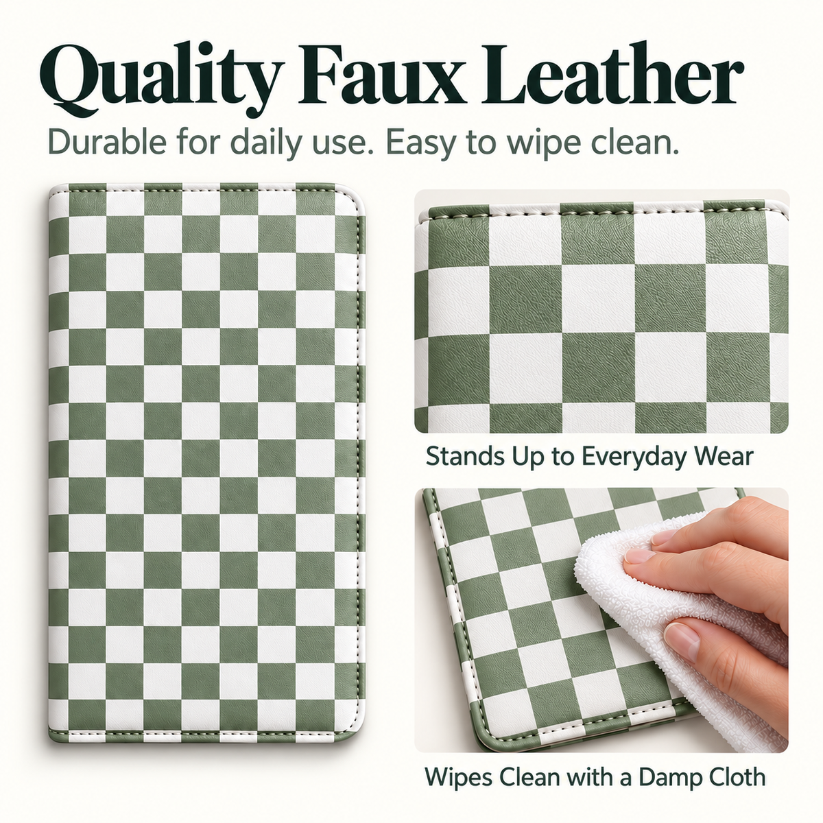 Mymazn Sage Green Checkerboard Expandable Server Book — faux leather surface and wipe-clean care
