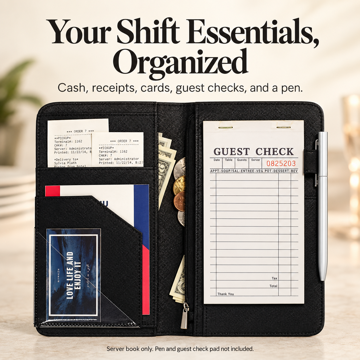Mymazn Black Expandable Server Book — organized shift essentials