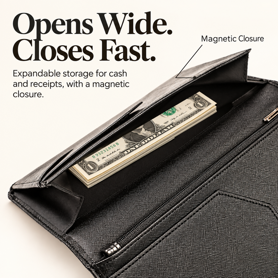 Mymazn Black Expandable Server Book — wide-opening magnetic compartment