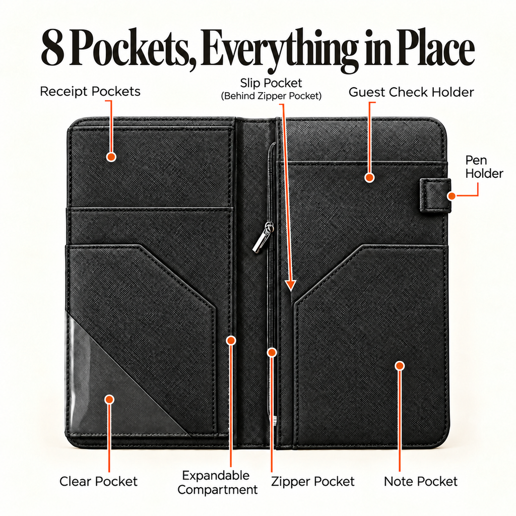 Mymazn Black Expandable Server Book — storage layout and pen holder