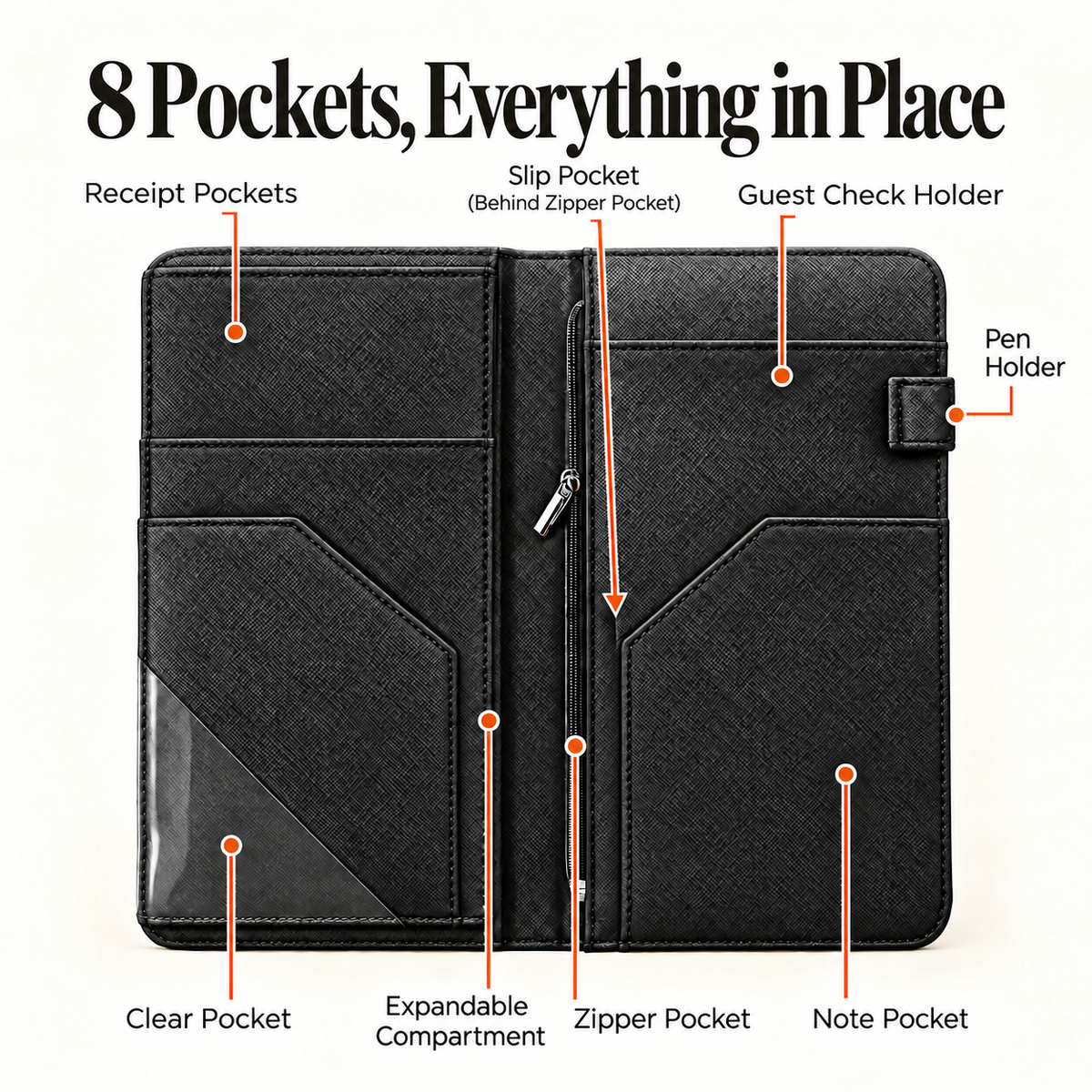 Mymazn Black Expandable Server Book — storage layout and pen holder