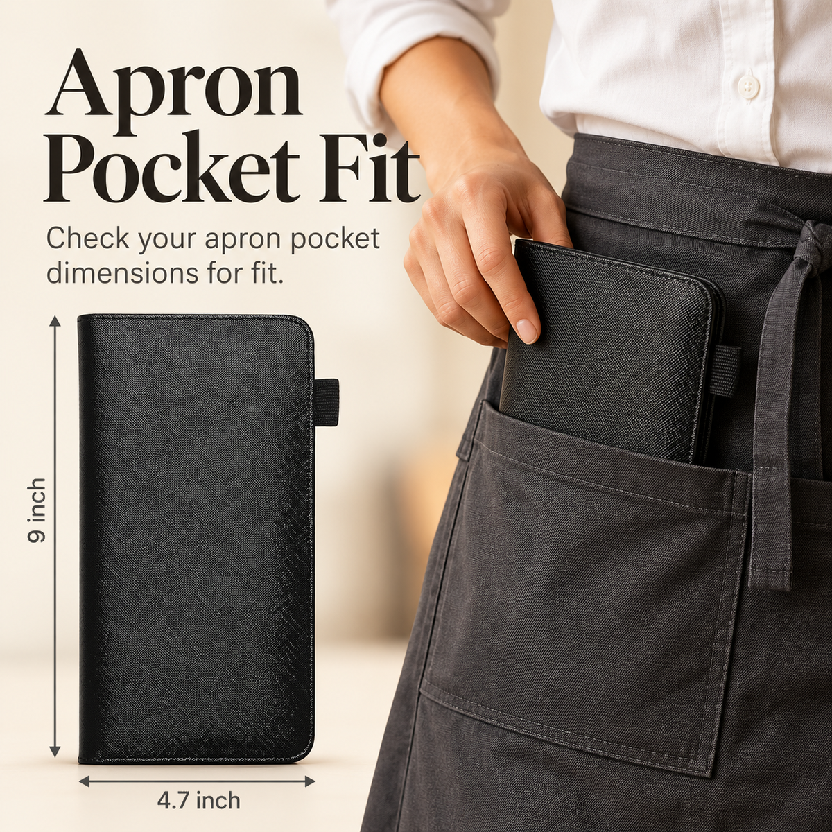 Mymazn Black Expandable Server Book — dimensions and apron pocket fit