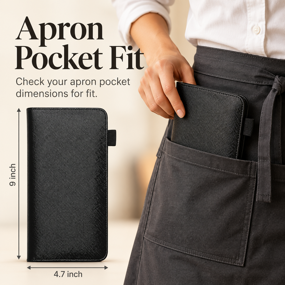 Mymazn Black Expandable Server Book — dimensions and apron pocket fit