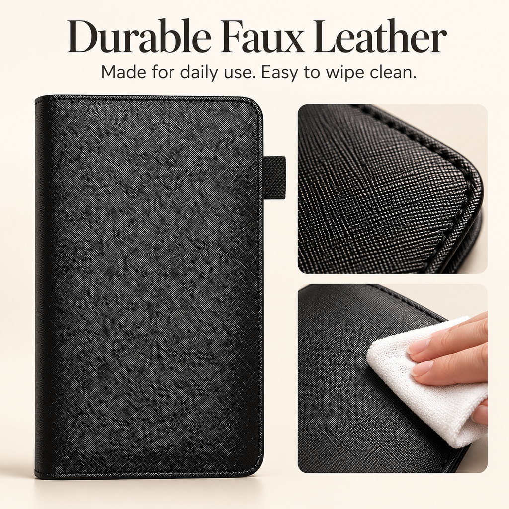 Mymazn Black Expandable Server Book — faux leather and wipe-clean care