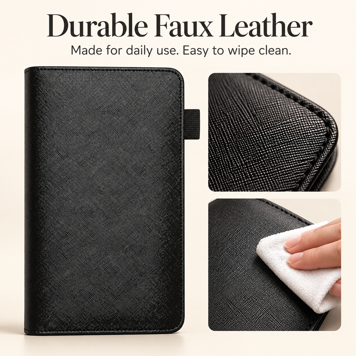 Mymazn Black Expandable Server Book — faux leather and wipe-clean care