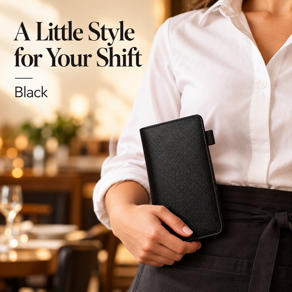 Mymazn Black Expandable Server Book — illustrative restaurant scene