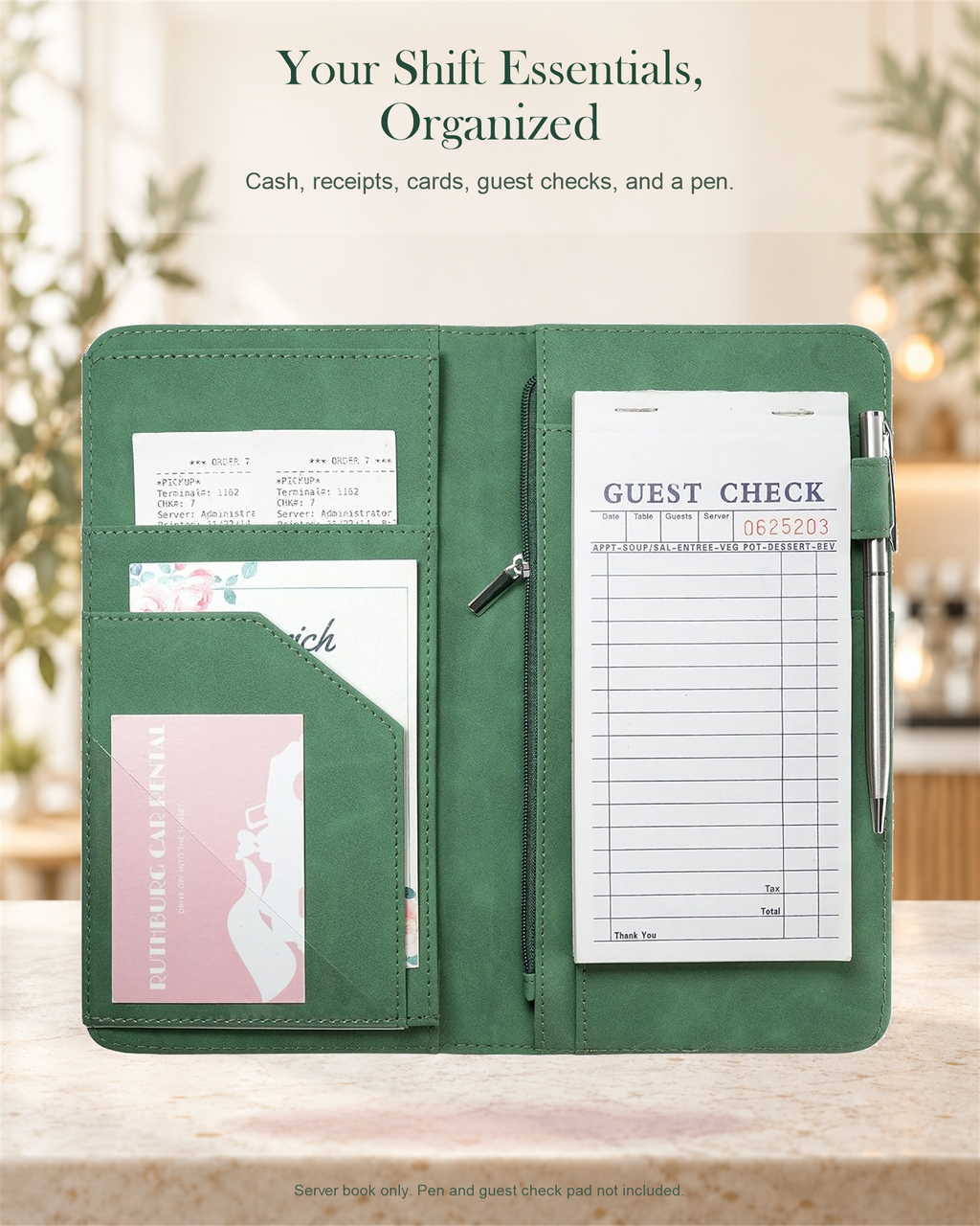 Mymazn Green Floral Expandable Server Book — organized shift essentials