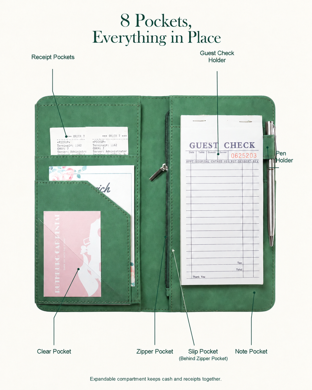 Mymazn Green Floral Expandable Server Book — storage layout and pen holder