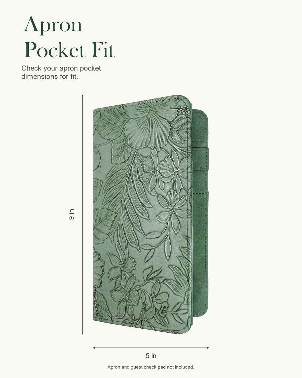 Mymazn Green Floral Expandable Server Book — dimensions and apron pocket fit