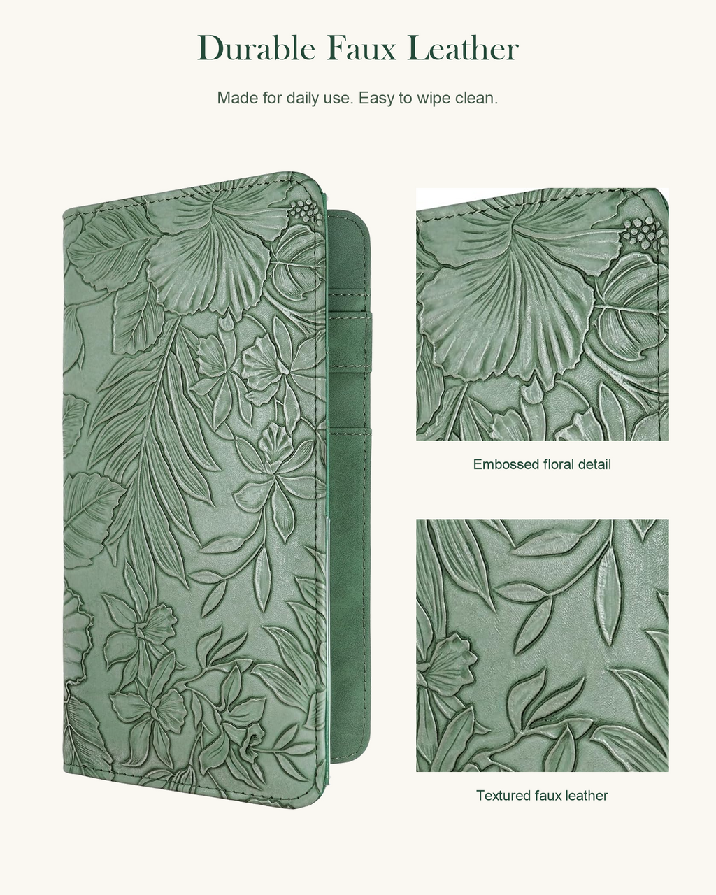 Mymazn Green Floral Expandable Server Book — faux leather and wipe-clean care